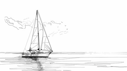 Wall Mural - Line art simple drawing of sailing ship over white background.
