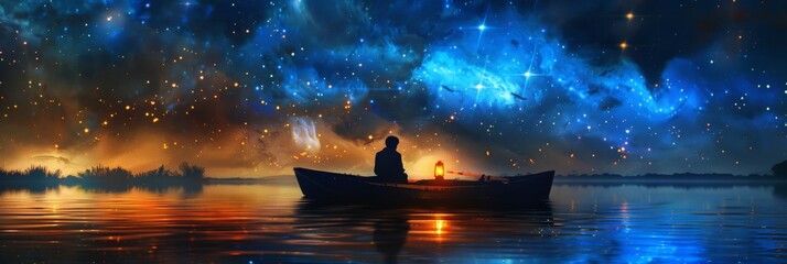 Sticker - A lonely boat in water in lake with starring night sky.