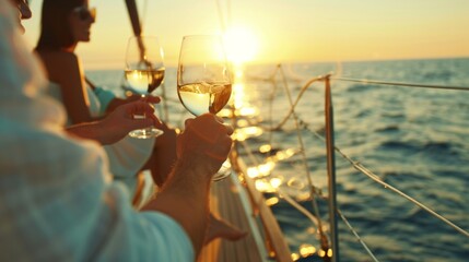 Wall Mural - Hands holding wine glasses clink on luxury yacht in sea.
