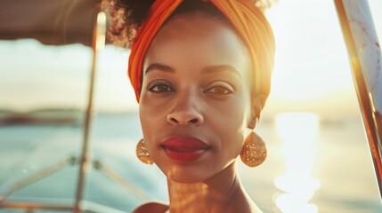 Wall Mural - Fashion portrait of a female Africa-American model on yacht in sea.