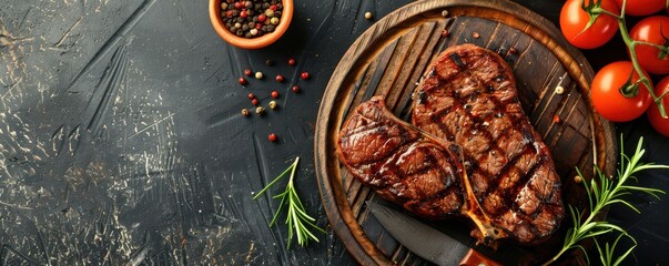 Wall Mural - A piece of meat with some herbs on top of a wooden cutting board. The meat is grilled and has a nice presentation. Copy space for text.