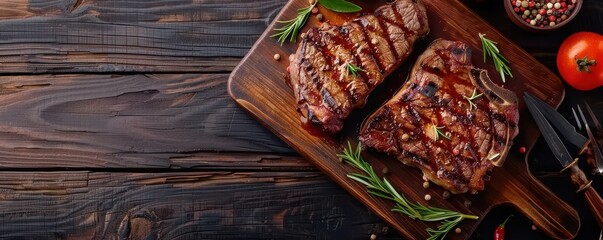 Wall Mural - A piece of meat with some herbs on top of a wooden cutting board. The meat is grilled and has a nice presentation. Copy space for text.