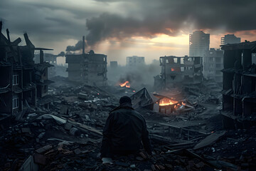 Soncept of war and destroyed city Fantastic background 