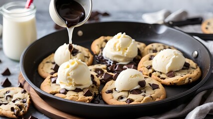 Canvas Print - Freshly cooked chocolate chip cookies in a skillet with vanilla ice cream topping and chocolate syrup