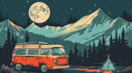 Wall Mural - Artistic vector illustration of vintage retro camper van at moon night