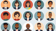 © Rabil - A collection of cartoon faces with a variety of different characters. Headshots of men and women of different races, and people in business attire. Circle icons. Flat design style.