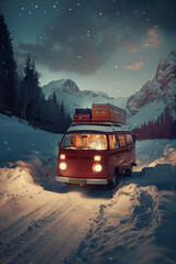 Wall Mural - Vintage camper van with luggage box on top driving on road in wilderness with snow mountain