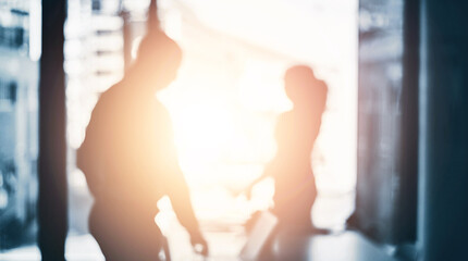 Aufkleber - Business people, meeting and morning with team for blur, collaboration or lens flare at office. Employees discussing project, proposal or ideas with overlay, glare or staff in boardroom at workplace