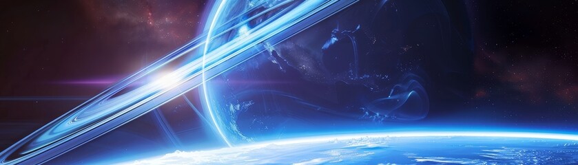 Wall Mural - A Breathtaking View of a Ringed Planet - A distant planet with a ring system is seen from orbit, the vastness of space is highlighted by the twinkling stars and the planet's bright blue glow.