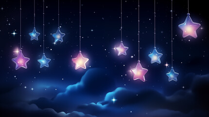 Wall Mural - Decorative violet five-pointed shining stars hang in the background of the night sky