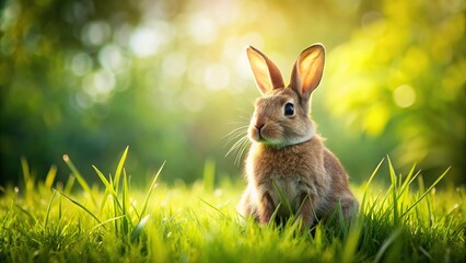 Wall Mural - Easter bunny sitting on lush green grass , Easter, bunny, grass, green, spring, holiday, cute, fluffy, rabbit, whimsical
