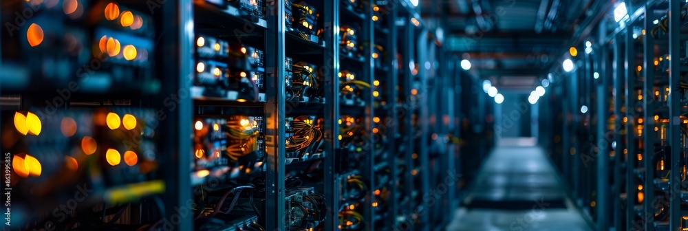 Server Room Interior With Glowing Lights - A photo of a server room ...
