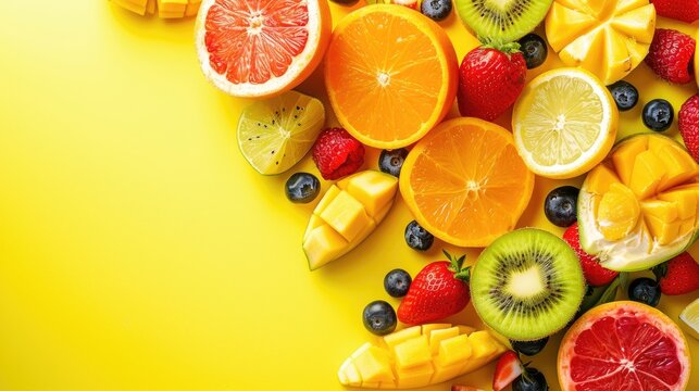 Healthy diet concept with fruit on a yellow background