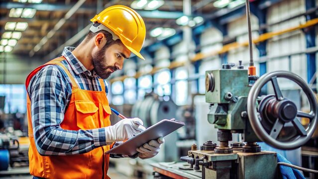 skilled laborer inspecting industrial equipment at factory worksite , hardworking, skilled, laborer,