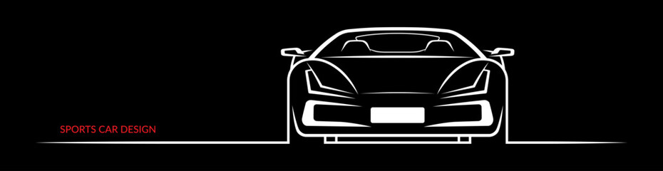 Poster - Sports car silhouette, contour isolated on black background. Front view of a supercar. Vector illustration