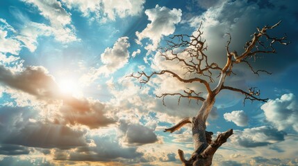 Dry tree with branches against cloudy sky space for text