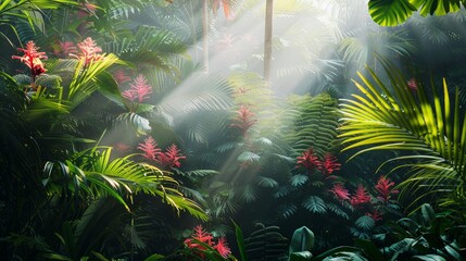 Beautiful colorful flowers in deep tropical rainforest with green plants, moss, ferns.