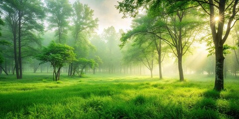 Wall Mural - Lush green forest with trees and grass meadow in morning fog , spring, landscape, trees, forest, meadow, green, grass