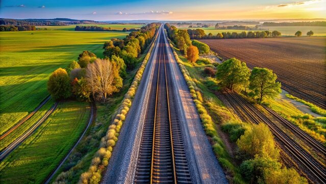 Drone view of a scenic train track landscape, drone, aerial view, train track, landscape, transportation, railroad
