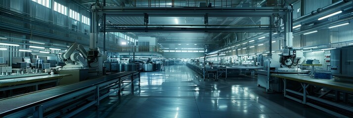 Industrial Assembly Line with Automated Robots in a Modern Factory - An expansive view of a factory floor showcasing a long assembly line with robots and machinery, bathed in a cool, industrial light.