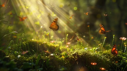 Wall Mural - Butterfly in deep forest with sunlight ray