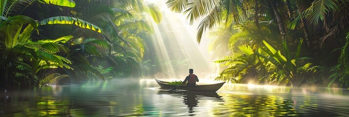 Wall Mural - Man boating in pond in deep tropical rainforest with green plants, moss, ferns.