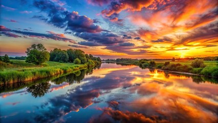 Wall Mural - Sunset over the river with colorful sky reflection, sunset, river, water, sky, reflection, dusk, evening, nature, peaceful