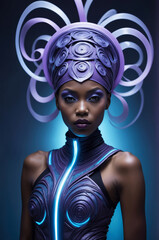 Fashionable black african american woman in futuristic purple outfit with headpiece of swirling ribbons