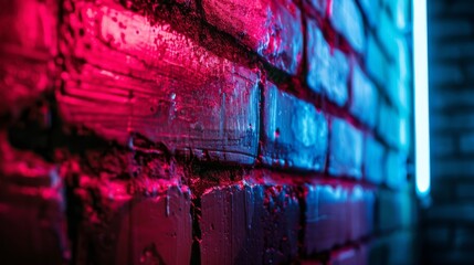 Wall Mural - A close-up photograph of a brick wall illuminated by vibrant red and blue neon lights, creating a striking contrast