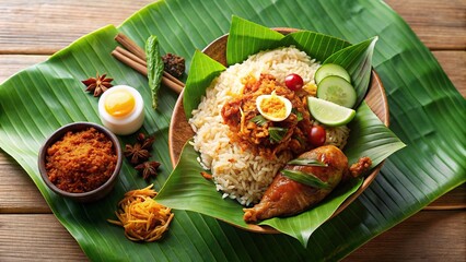 Traditional Malaysian Nasi Kandar food dish served on banana leaf, Malaysian cuisine, spicy, flavorful, curry, rice