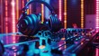 © Elmira - A close-up shot of a DJ mixer and headphones illuminated by vibrant LED lights, suggesting a nighttime studio setting