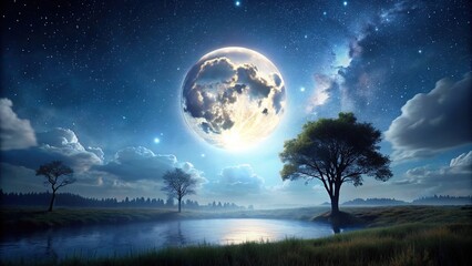 Wall Mural - Night landscape with a full moon shining brightly in the sky, moon, stars, night sky, landscape, nature, dark, serene