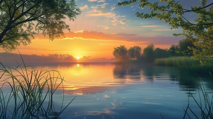 Aufkleber - A serene lake scene at sunset, with golden light reflecting on the water. Trees and reeds line the lakes edge, creating a peaceful natural setting. Generative AI