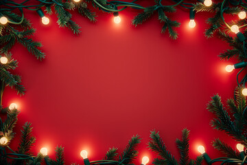 christmas lights garland border on red background with copy space, view from above