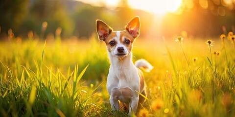 Wall Mural - Adorable small dog exploring a sunny field, puppy, pet, cute, furry, outdoors, grass, nature, adventure, playful, curious