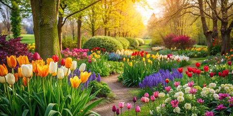 Wall Mural - Vibrant flowers blooming amidst lush greenery in a spring garden, spring, blooms, vibrant, flora, nature, garden, fresh