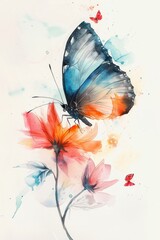 Wall Mural - Artistic watercolor painting drawing of beautiful butterfly on flowers