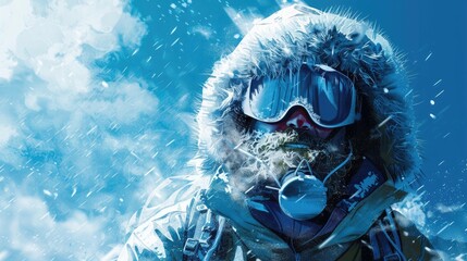 Wall Mural - Illustration of a snowy hiker in Arctic gear, fur hood, and frosty goggles, tackling a blizzard, in a classic blue-white tone