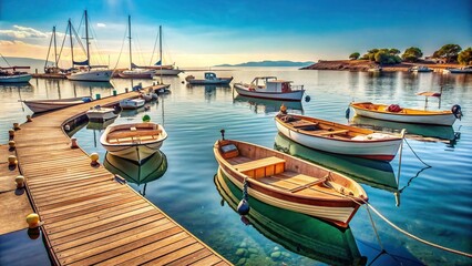 Wall Mural - Wooden harbor with boats moored in the tranquil sea water , harbor, wooden, boats, moored, tranquil, sea, water, dock