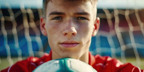 Wall Mural - Teenage player of soccer. Man carrying a ball after a game, dressed in football gear. Concept of sport. broad picture.