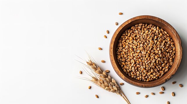 An overhead view of wheat seeds on a wooden bowl with lots of wheats surrounding it and a big space over clean white backdrop for text or product advertisement, Generative AI.