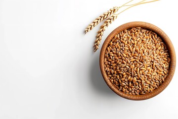 Wall Mural - An overhead view of wheat seeds on a wooden bowl with lots of wheats surrounding it and a big space over clean white backdrop for text or product advertisement, Generative AI.