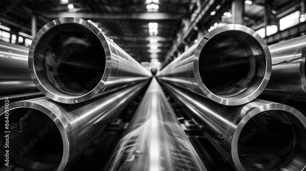 A black and white photo of steel pipes, stacked in an industrial ...