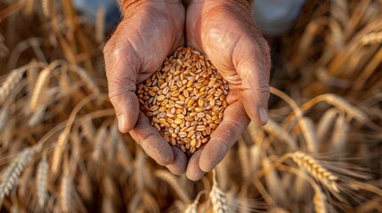 Wall Mural - Wheat grains in hands of farmer in wheat field.