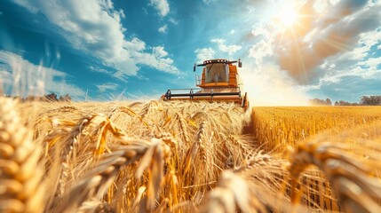 Wall Mural - Combine harvester machine working in wheat field farm land.