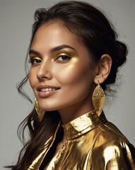 gold theme fashion hispanic pretty woman model influncer with clear smooth skin smiling on camera