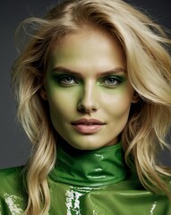 Wall Mural - green theme fashion blonde pretty woman model influncer with clear smooth skin smiling on camera