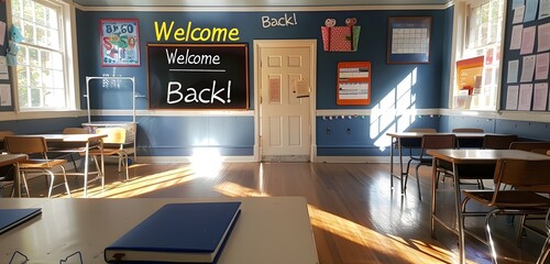 Wall Mural - Welcome Back to School stands out boldly in the center of the background, framed by a pure white backdrop. The sides are adorned with colorful decorative materials, adding a festive with rgb lights 