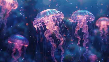 Wall Mural - Jellyfish is swimming in the water with blue background. Colorful jellyfish are moving under the sea