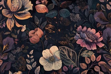 intricate botanical pattern featuring dark moody florals and foliage rich jewel tones and metallic accents create a luxurious opulent design on a deep black background